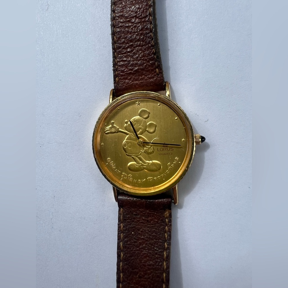Vintage Gold Lorus Mickey Mouse Watch with Brown Leather Strap